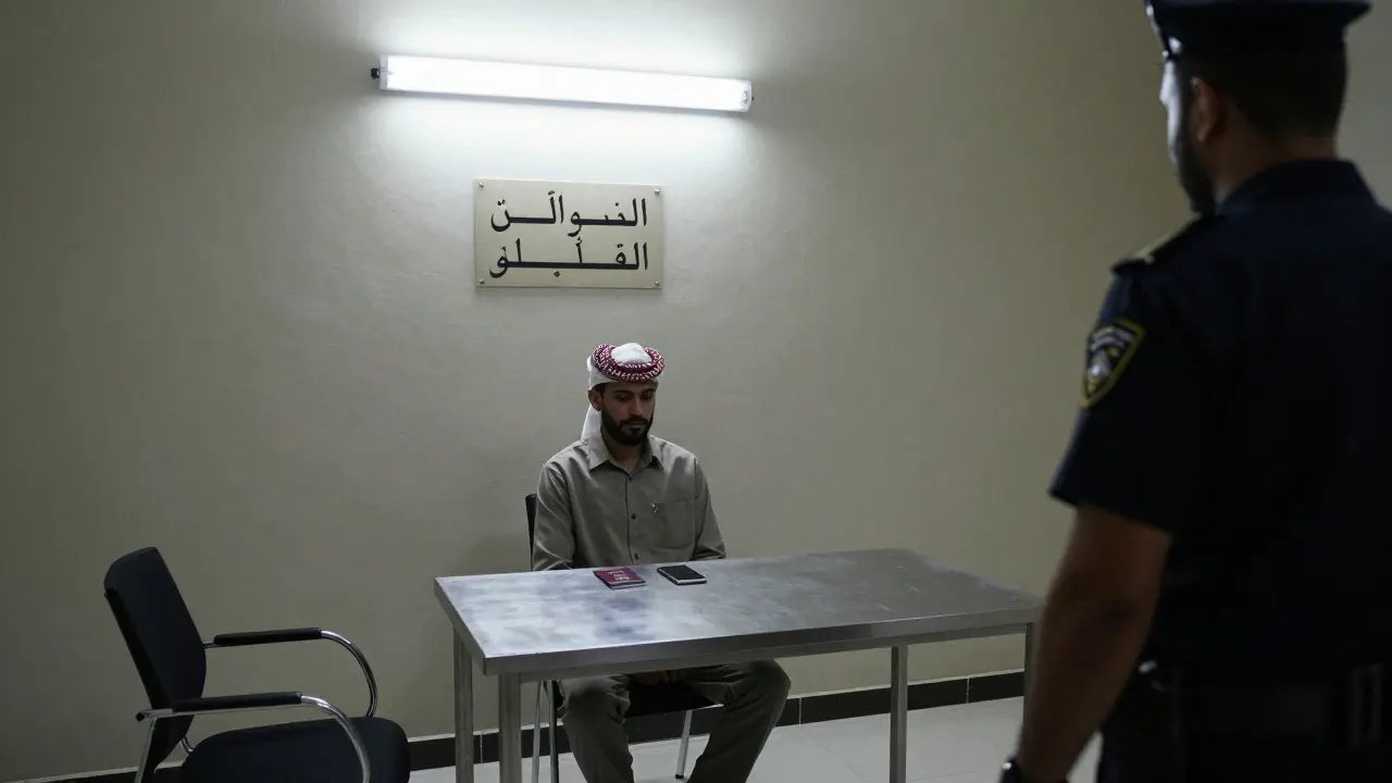 A man sits alone in a police interrogation room, his passport and phone seized on the table under harsh lights.