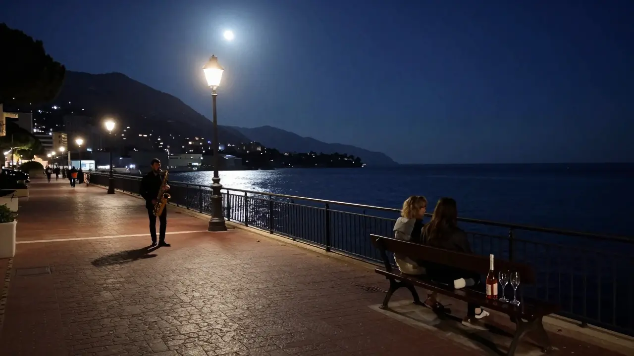 A moonlit seaside promenade with a saxophonist playing under a streetlamp.