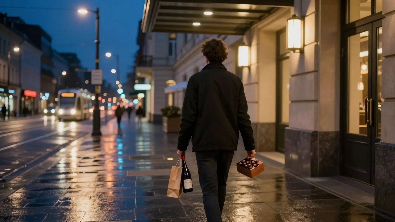 A person walking confidently at night in Berlin with a small gift, heading toward a hotel under warm streetlights.