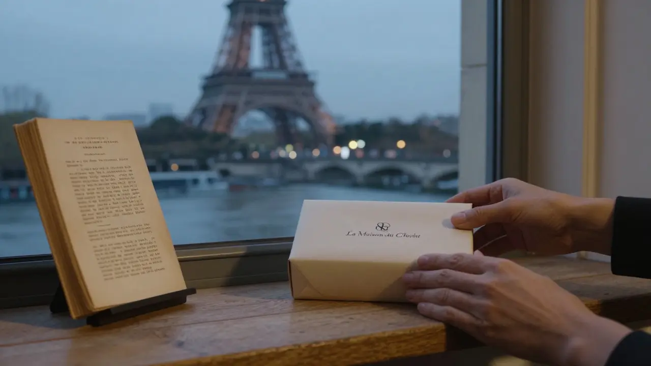 A plain-wrapped chocolate box and French poetry book on a windowsill overlooking the Seine at dusk.