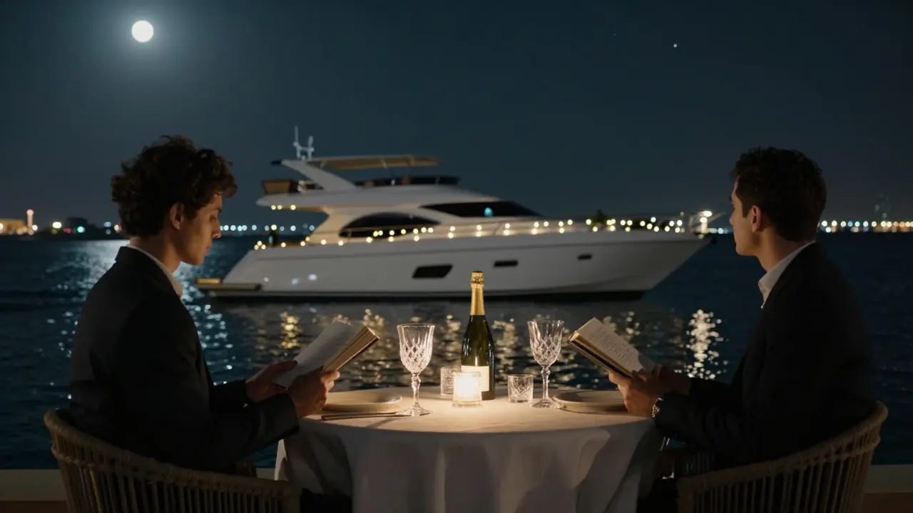 A private yacht at night with two people enjoying stars and champagne in serene silence.