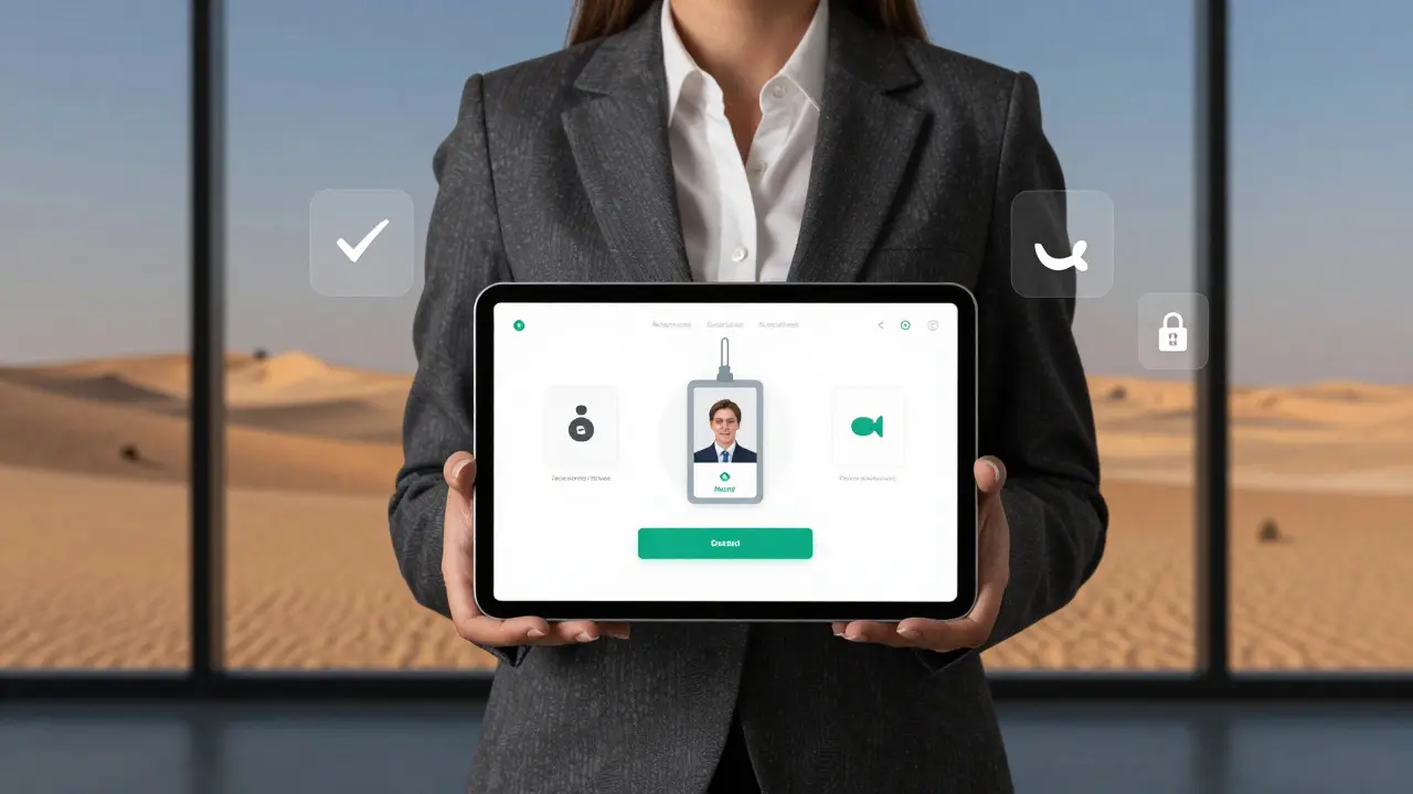 A professional woman verifying identity through a secure digital portal with desert skyline behind her.