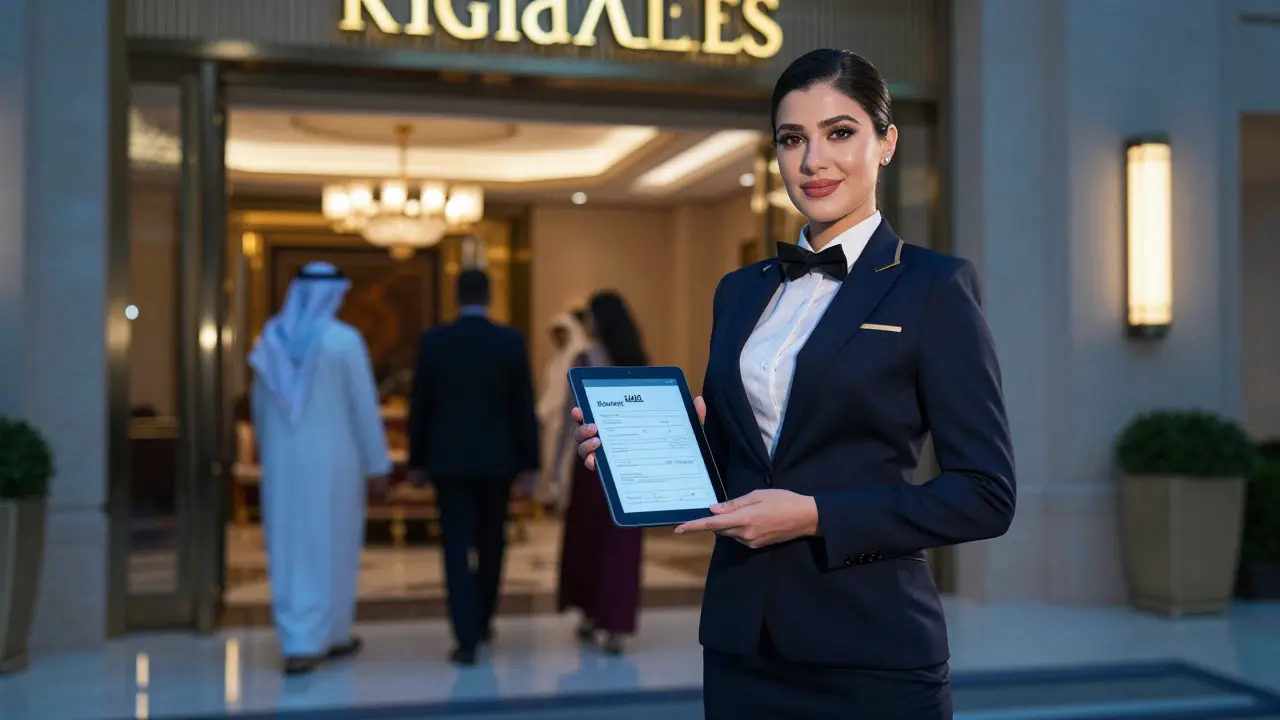 A professionally dressed escort at a luxury hotel entrance, holding a booking tablet, cultural ambiance in background.