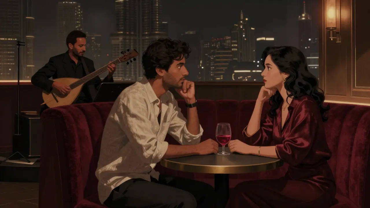 A quiet couple in a hidden jazz bar beneath the Burj Khalifa, immersed in conversation.