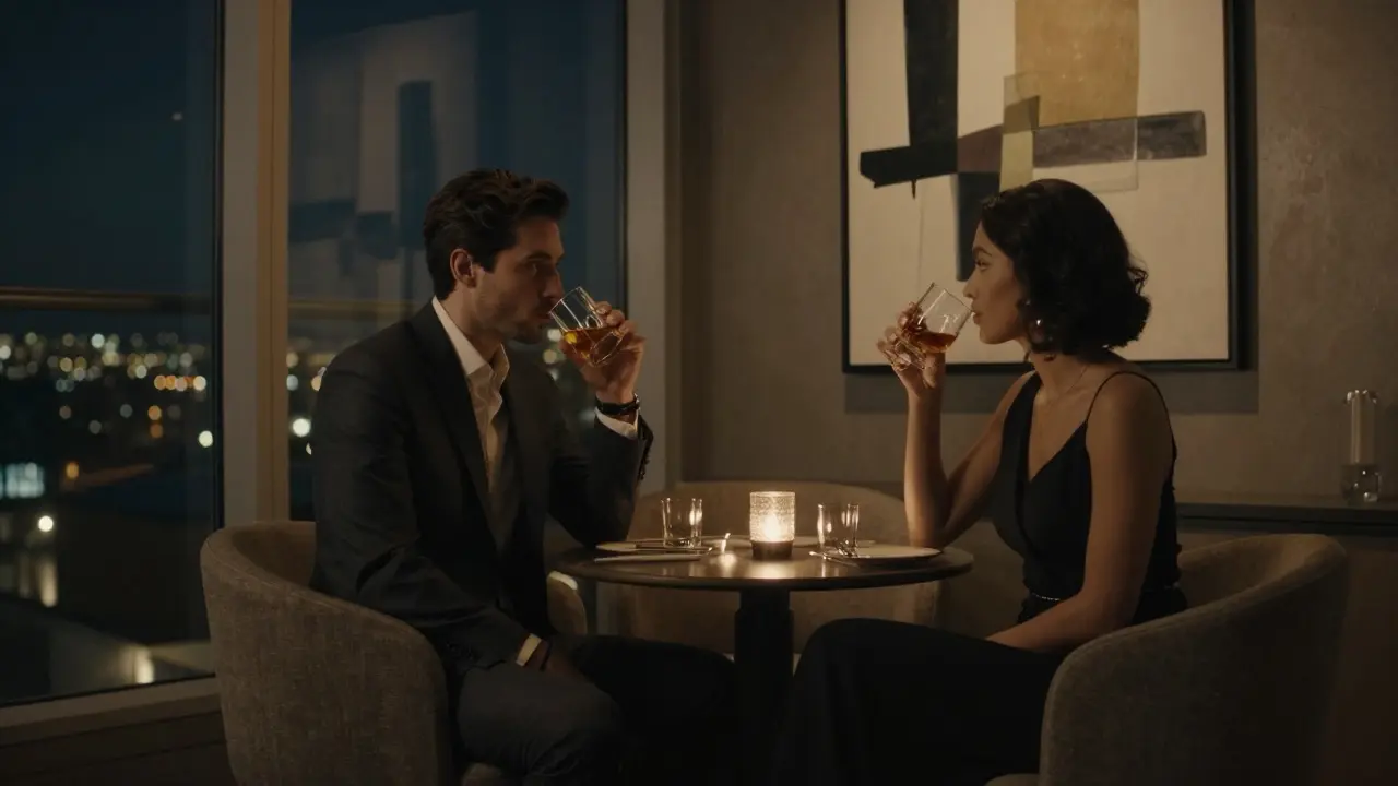 A quiet couple in a luxury rooftop lounge, sipping whiskey amid abstract art and city lights.