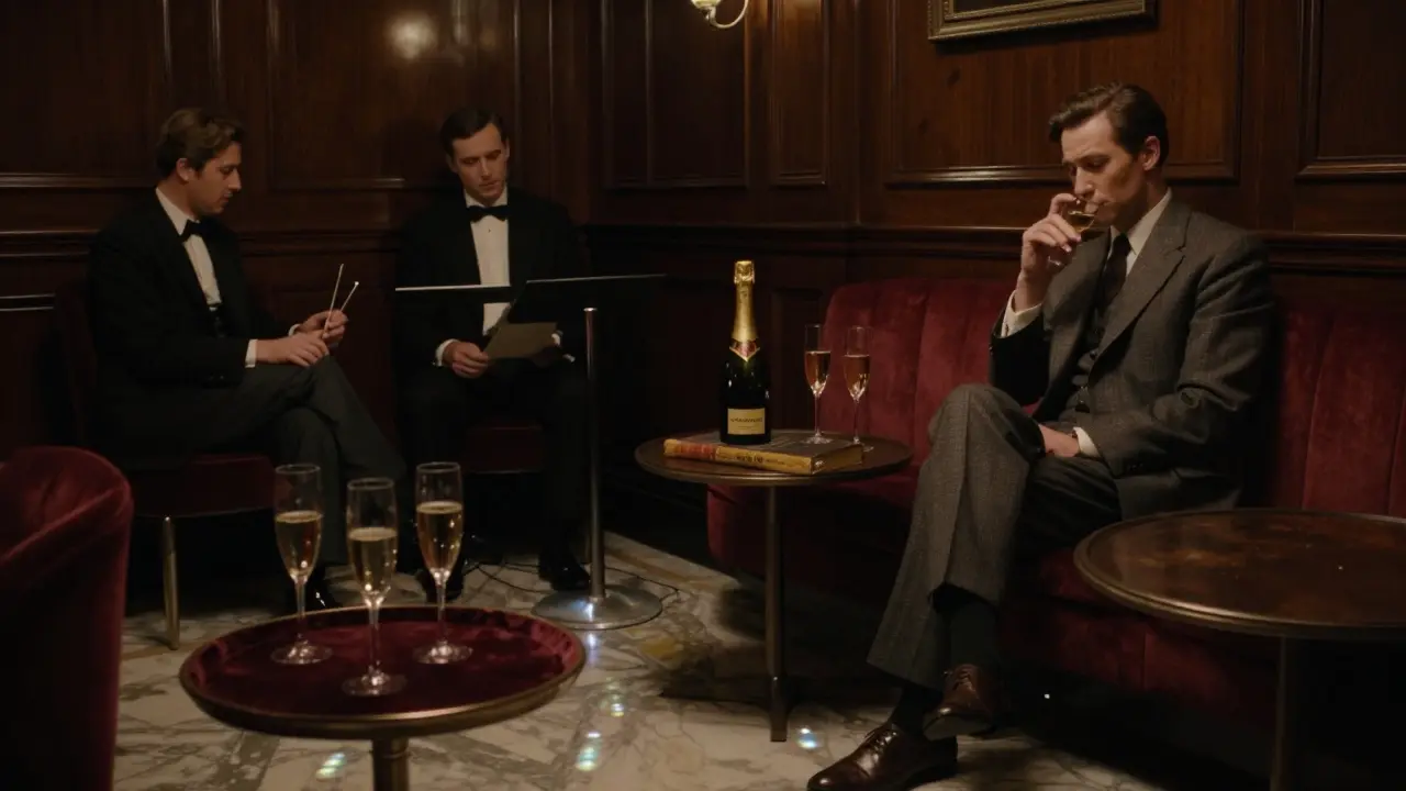 A quiet jazz bar with dark wood and glowing champagne glasses in an elegant Monaco hotel.