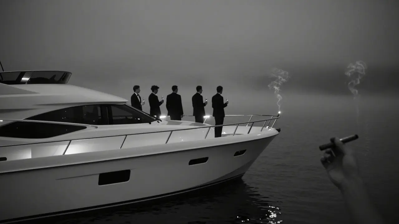 A quiet private yacht at night with silhouettes toasting under soft LED lights and ocean fog.