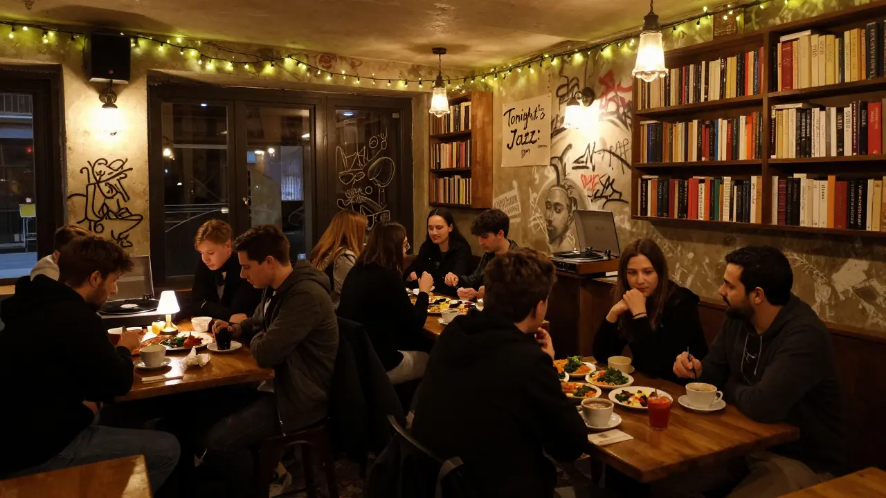 A quiet underground bar in Kadıköy with patrons enjoying coffee and live jazz.