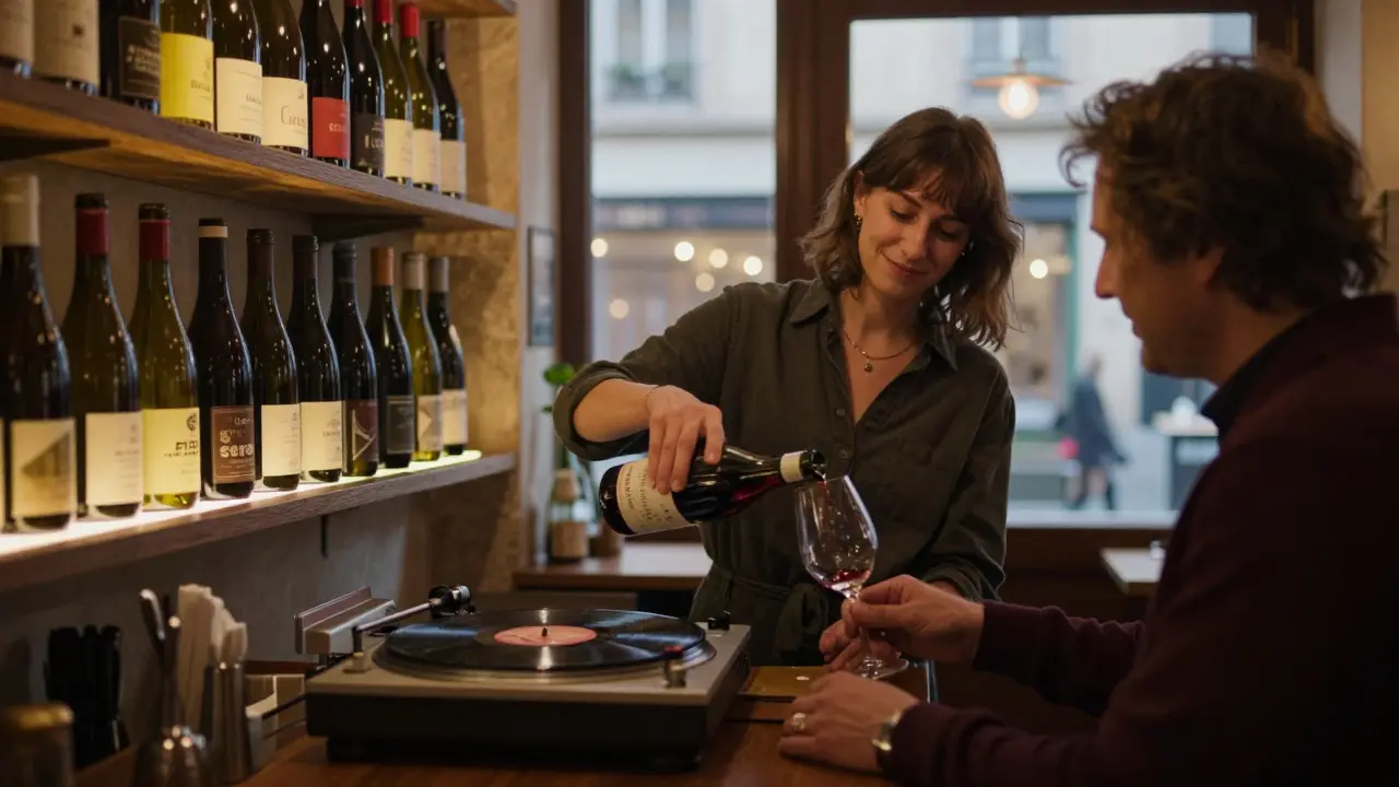 A quiet wine bar in the Marais where a server pours wine for a customer, vinyl records playing softly in the background.