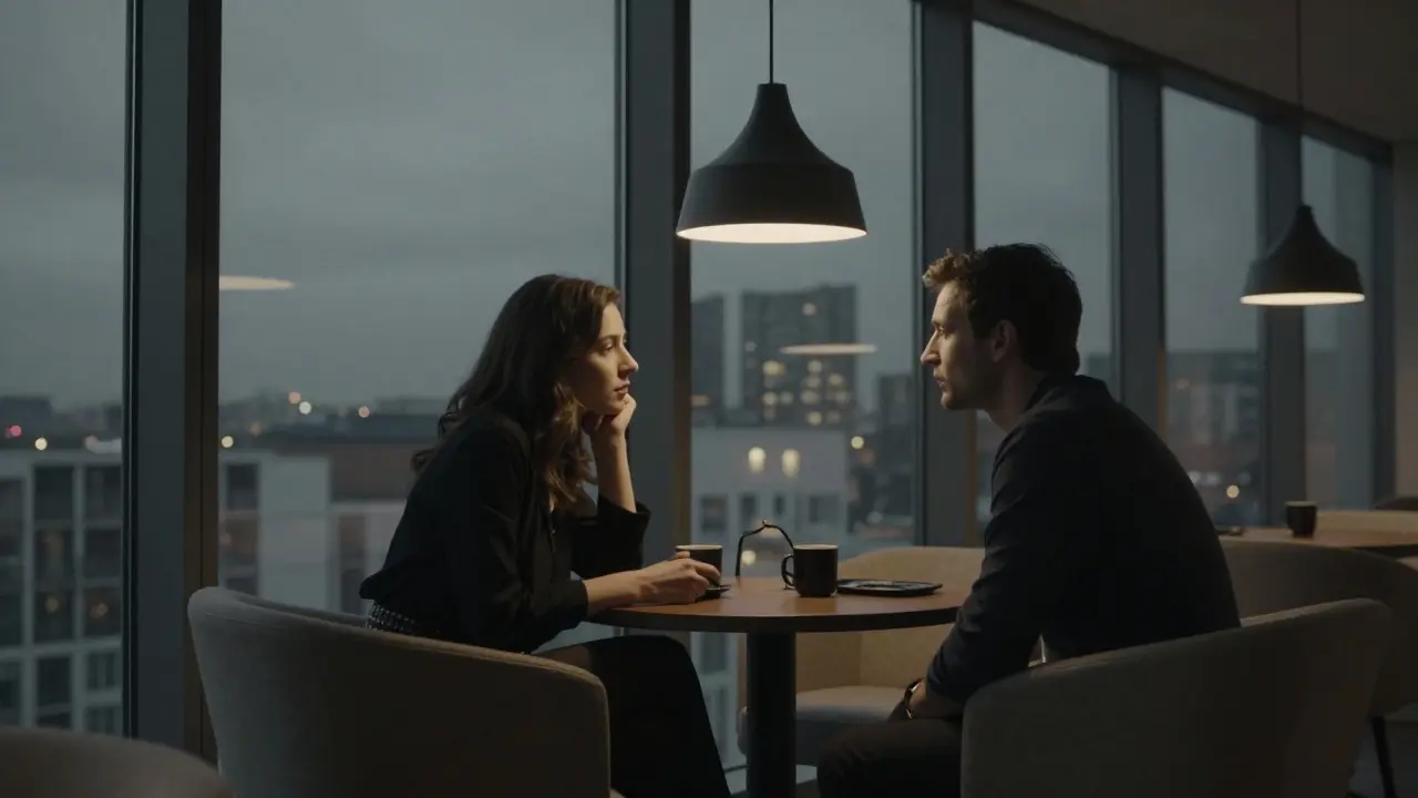 A refined conversation in a modern Milan lounge, lit by a single lamp with city lights reflecting behind.