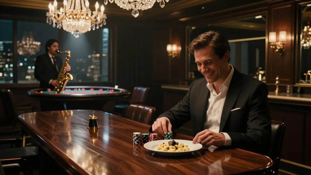A saxophonist plays in a luxurious casino bar as a high-roller smiles beside chips.