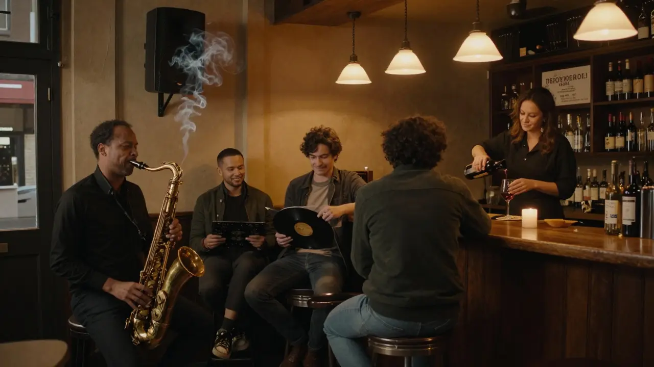 A saxophonist plays in a tiny upstairs jazz bar, patrons seated on stools with vinyl records and candles nearby.