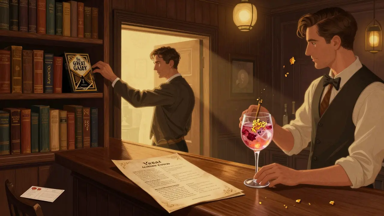 A secret library room with antique books and a bartender stirring a gin fizz with edible gold.