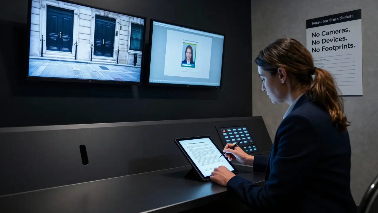 A security professional reviews client identification and signs a confidentiality agreement in a hidden control room.