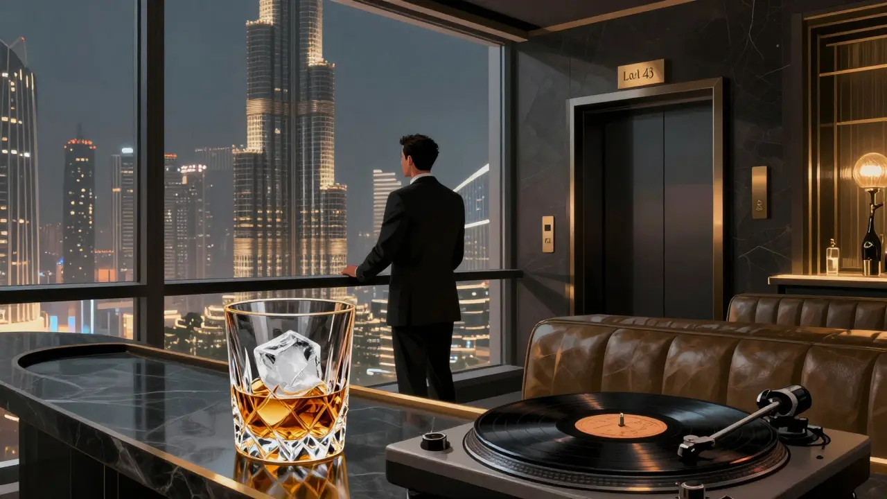 A solitary figure at Level 43 overlooking Dubai&#039;s skyline with a whiskey glass and silent vinyl turntable.