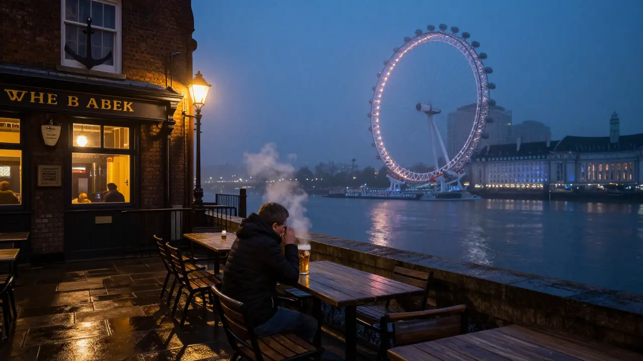A solitary figure by the Thames at dawn, the London Eye glowing softly in the distance.