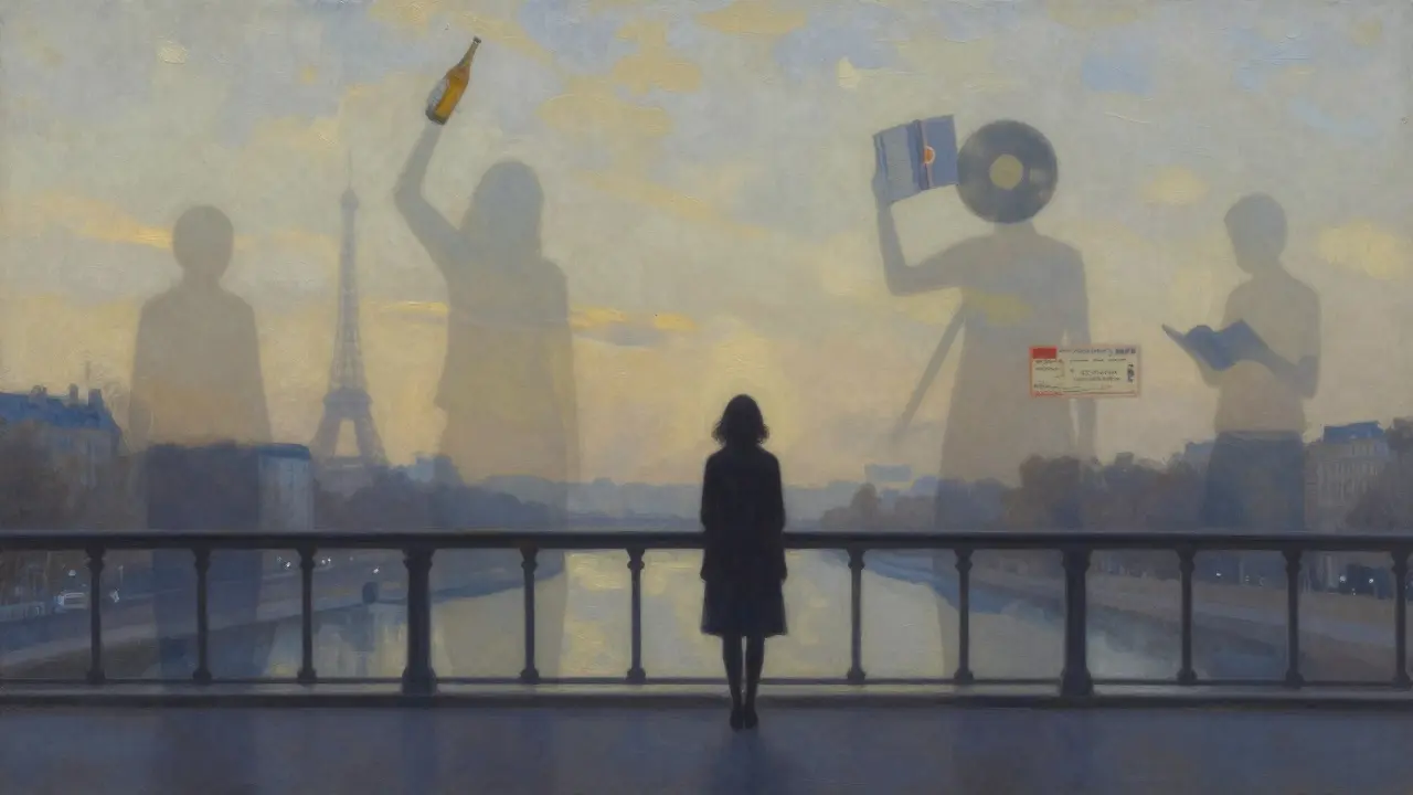 A solitary figure on a bridge at dawn, surrounded by translucent memories of travelers who found connection in Paris.