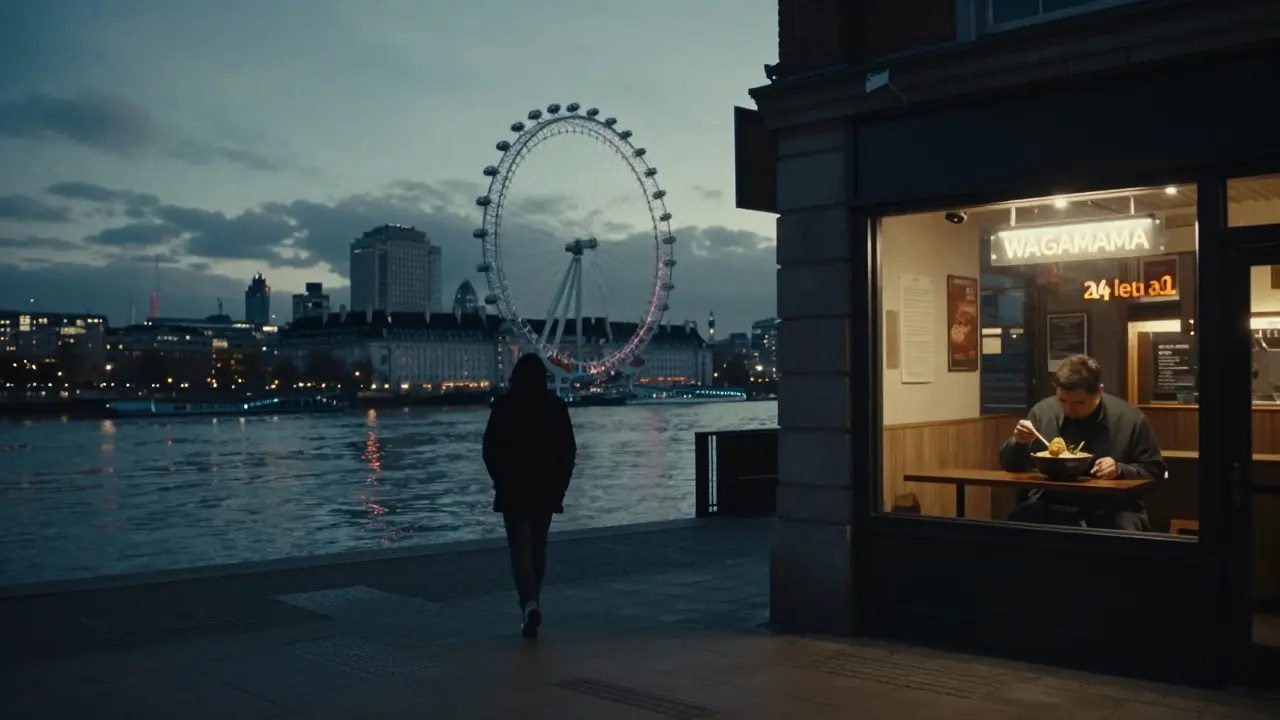 A solitary walker along the Thames at 4 a.m. with city lights reflecting on the water.
