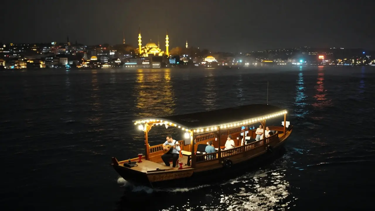 A traditional boat floating on the Bosphorus under glowing minarets and palace lights.