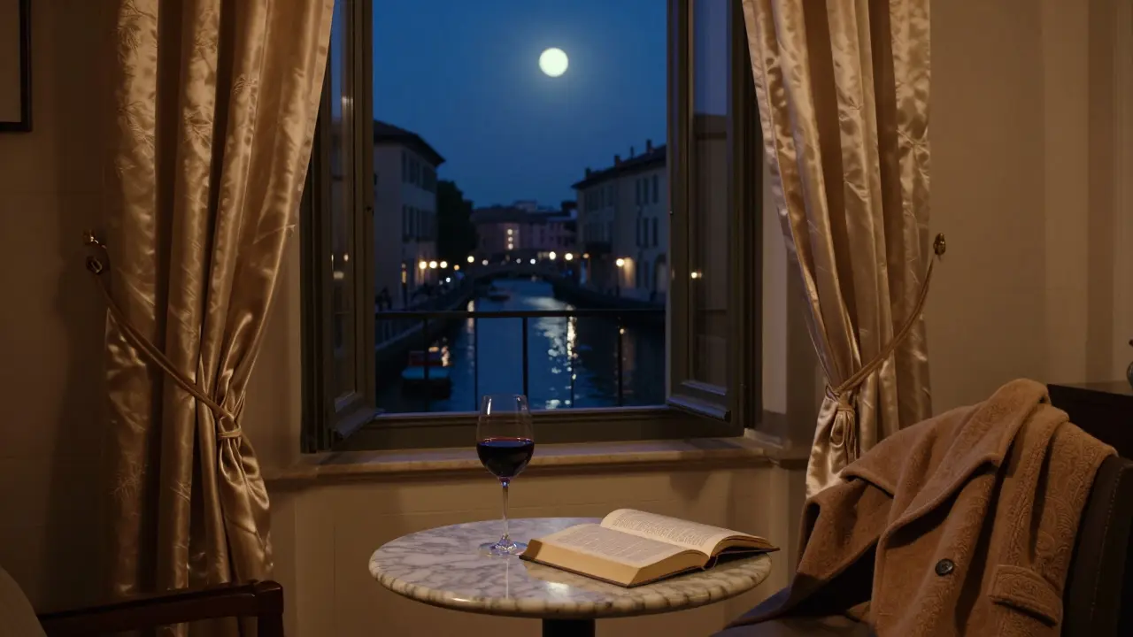 A vacant luxury apartment in Milan at night, hinting at a meaningful evening spent.