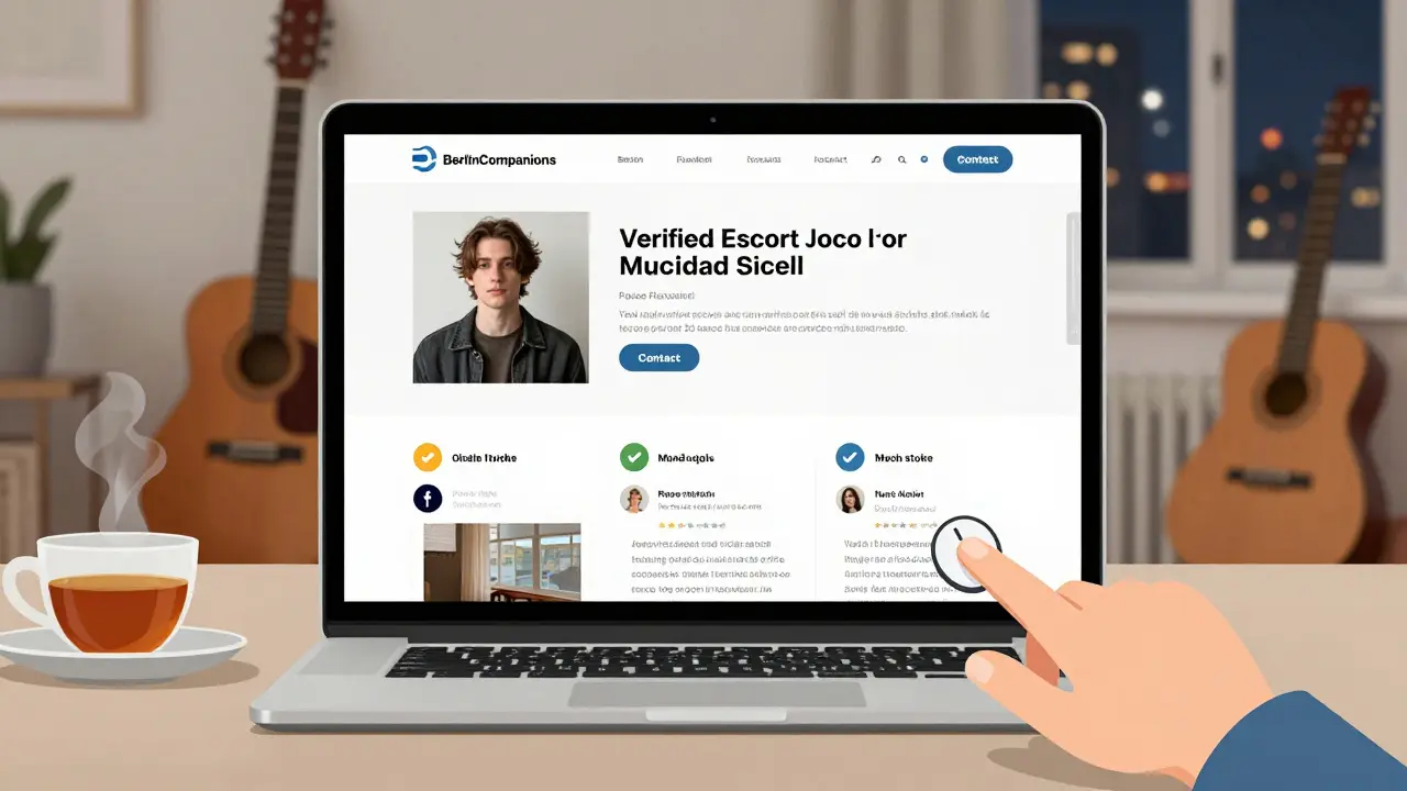 A verified escort profile on a trusted website, showing real photos and detailed bio on a laptop screen.