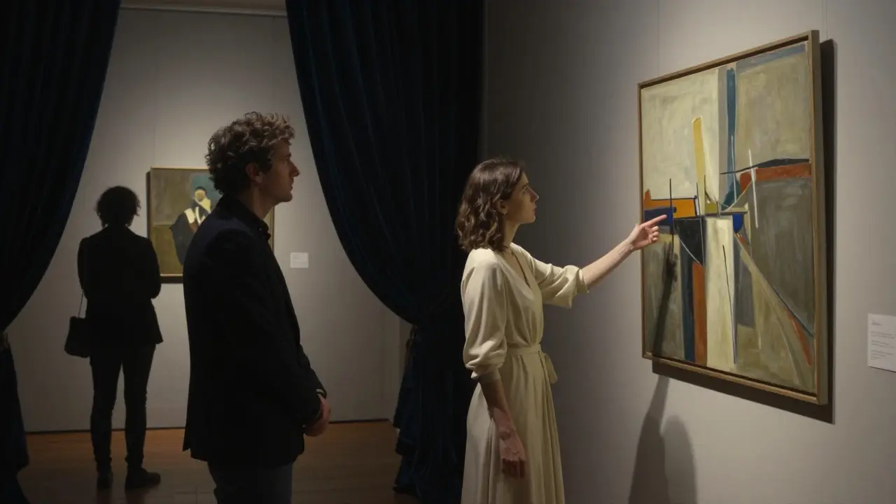 A woman discussing art with a man in a private gallery during a quiet evening.