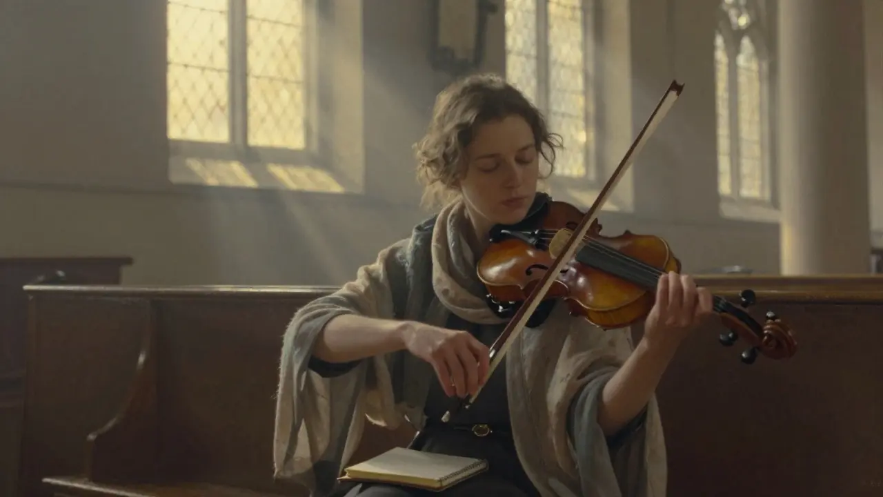 A woman in a quiet chapel listening to a violinist, wearing a soft scarf, bathed in golden light.