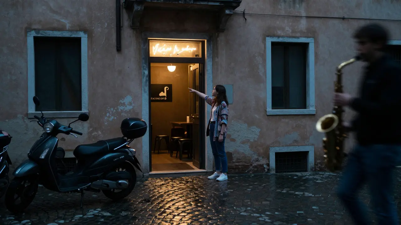 A woman pointing toward a hidden jazz club in Milan’s Navigli district at twilight.