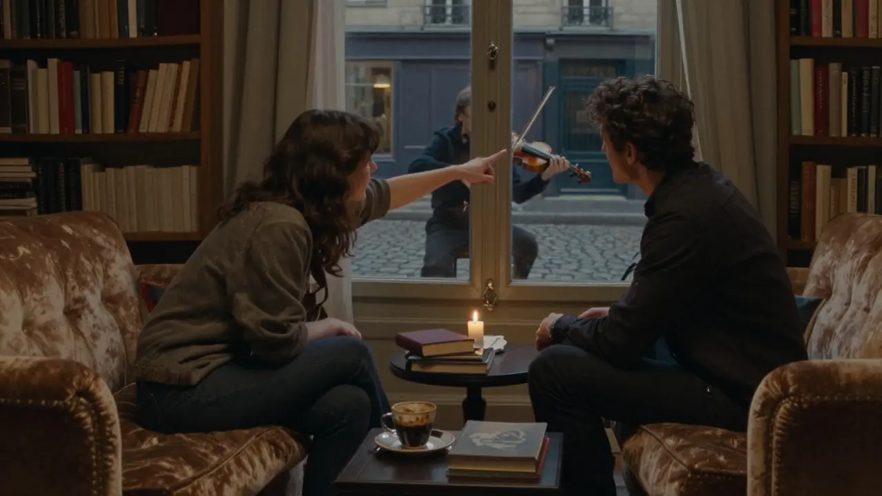 A woman points out a street musician through a window to a man in a cozy Parisian apartment at night.