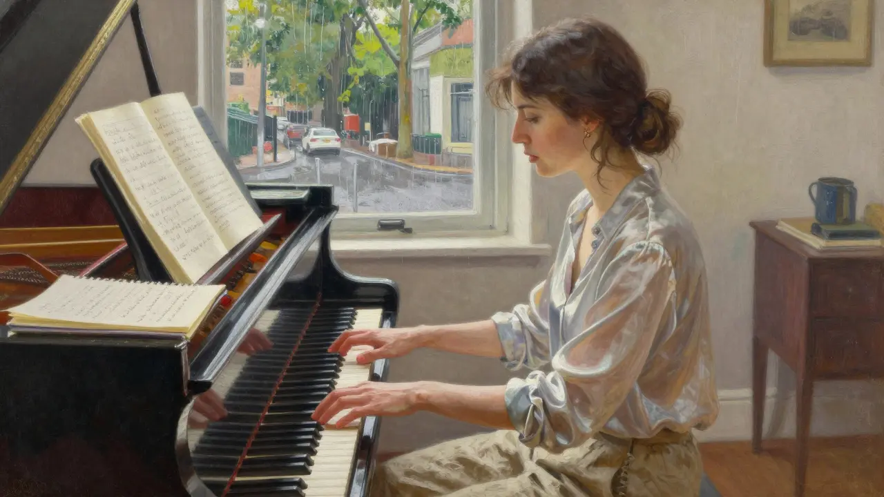 A woman practices piano alone in a sunlit studio, surrounded by language notes and calm natural light.