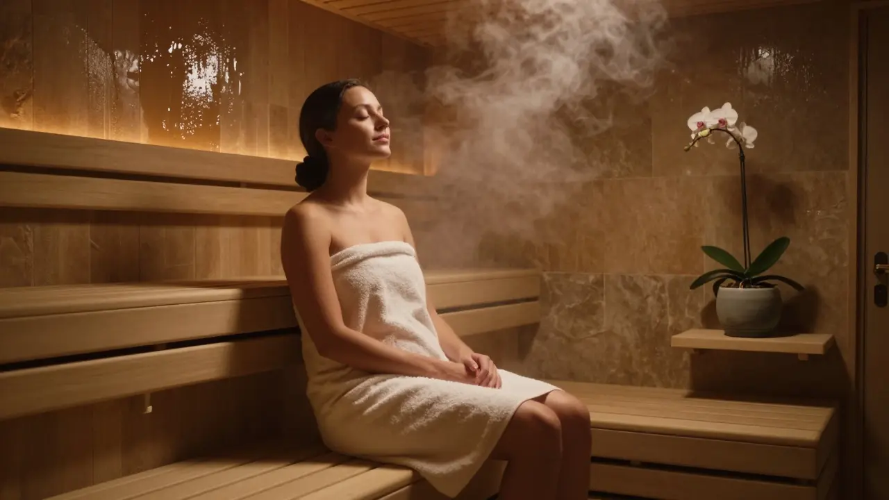 A woman relaxing alone in a steamy private sauna, an orchid on the shelf nearby.