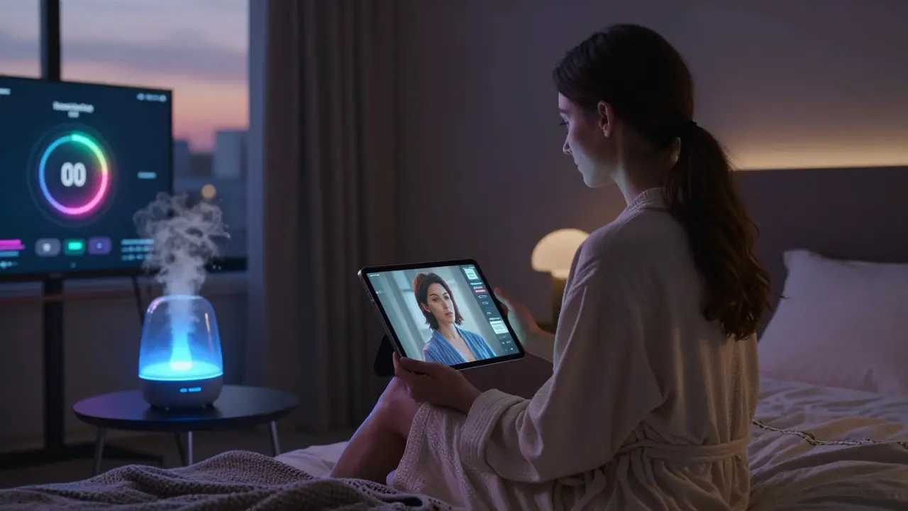 A woman relaxing in her bedroom with an AI companion on a tablet and ambient mood lighting.