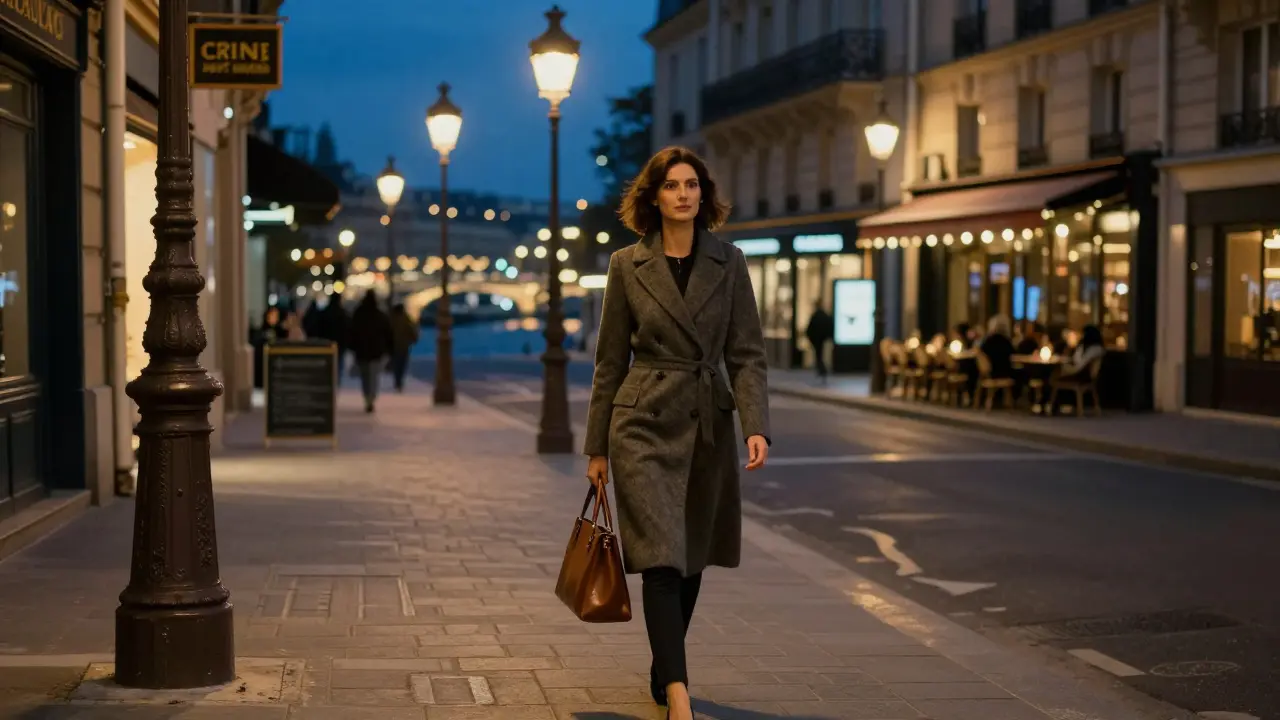 A woman walking confidently down a well-lit Parisian boulevard at night, surrounded by upscale ambiance.