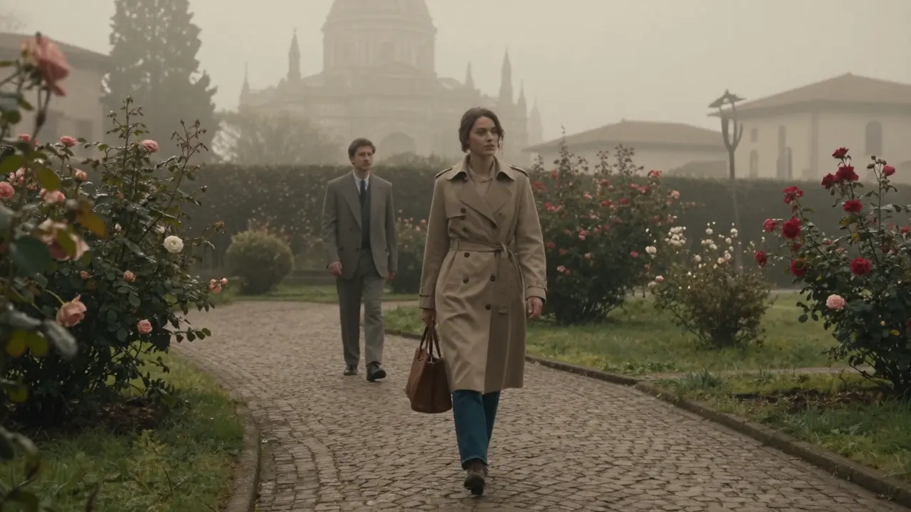 A woman walks through a misty hidden garden in Milan at dawn, a man at a distance.