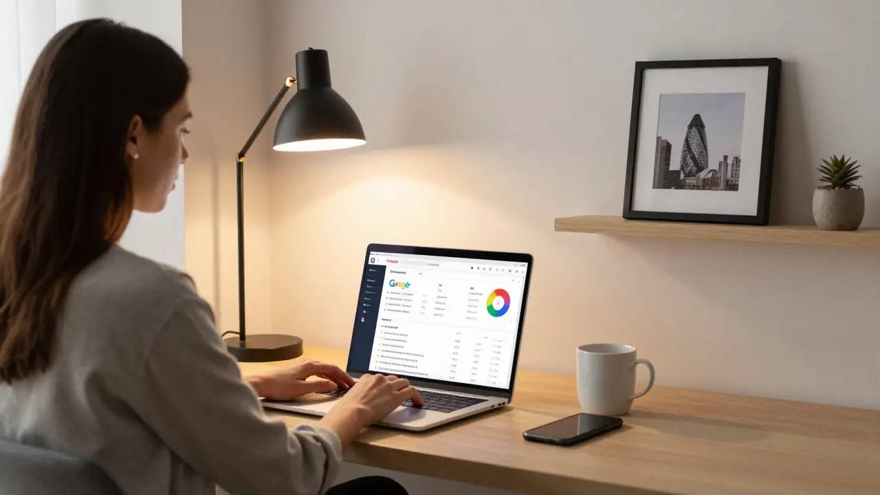 A woman working on her laptop in a cozy London apartment, showing digital marketing dashboards.