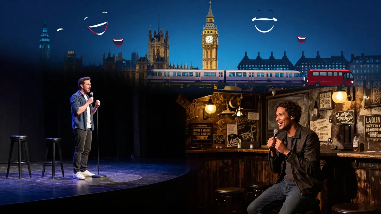 Abstract fusion of London comedy venues and laughter shaped like city icons.