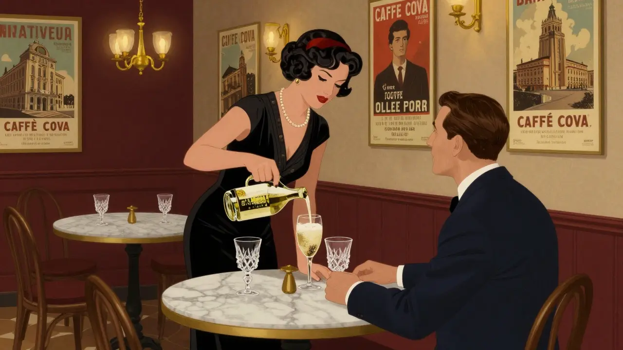 An elegant aperitivo at Caffè Cova with crystal glasses and soft ambient lighting.