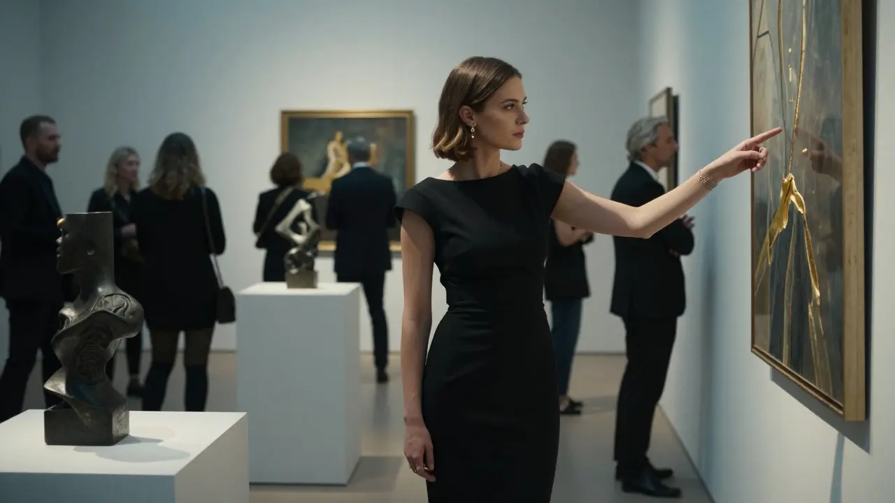 An elegant woman listening attentively beside a man at a modern art gallery opening in Berlin.