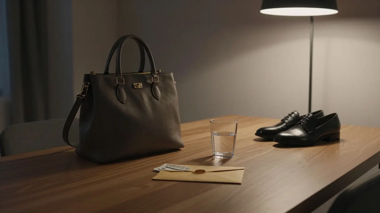 An empty luxury apartment interior with an envelope of cash and neatly arranged personal items on a wooden table.