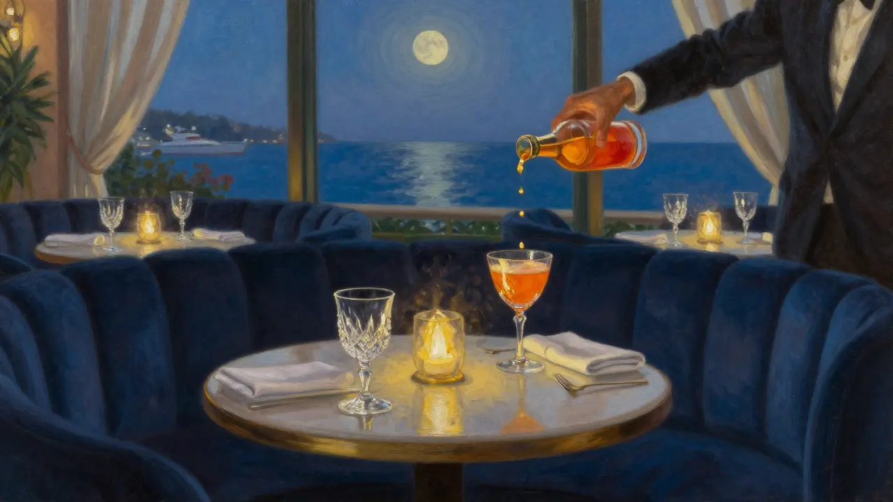 An intimate candlelit lounge with a glowing cocktail and moonlit sea view, no people present.