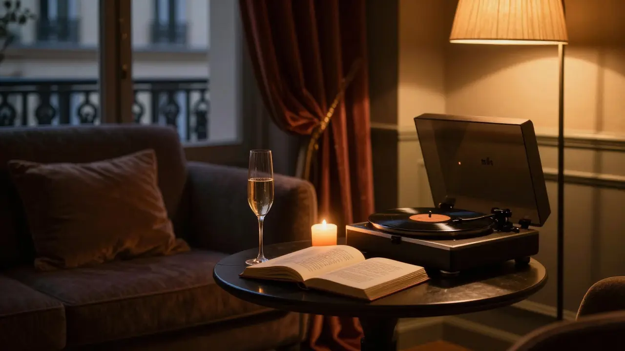 An intimate Parisian lounge with champagne, poetry, and soft jazz under warm candlelight.