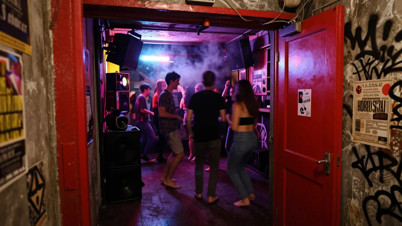 An underground club in Belleville with a diverse crowd dancing under neon lights, no signs, just raw energy and motion.