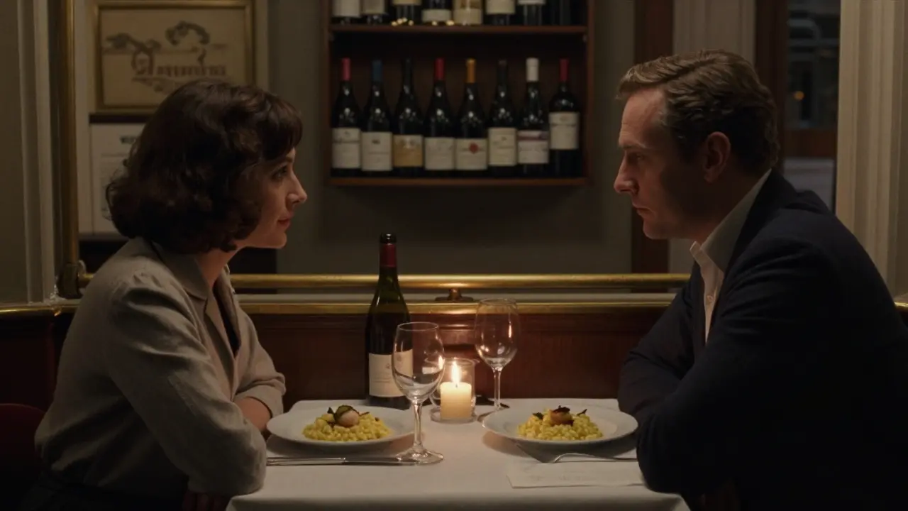 Candlelit dinner in a cozy Parisian bistro with scallops, wine, and warm ambient lighting.