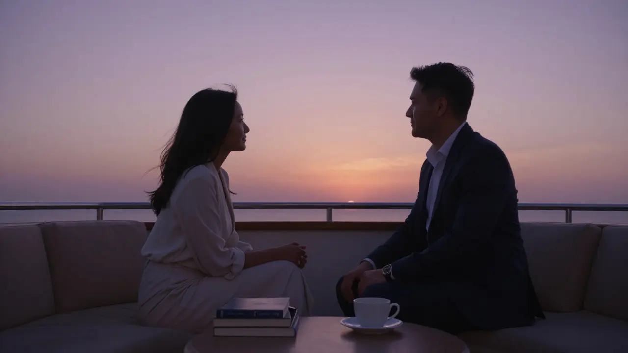 Client and escort seated peacefully on a private yacht at sunset, gazing at the Persian Gulf.