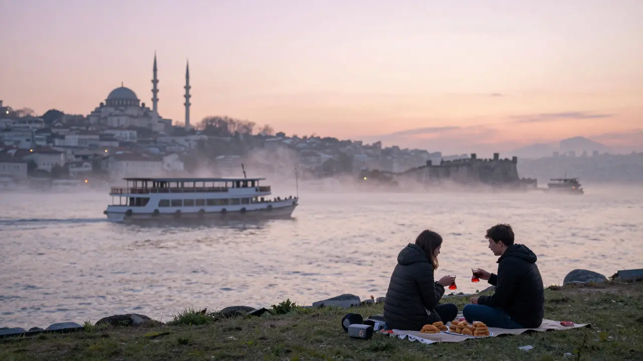 Couples on blanket at Bosphorus dawn, sharing tea and baklava as mist rises and minarets glow.