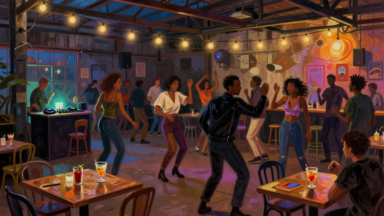 Crowd dancing at BUCKS bar in Peckham to grime and disco music under string lights.