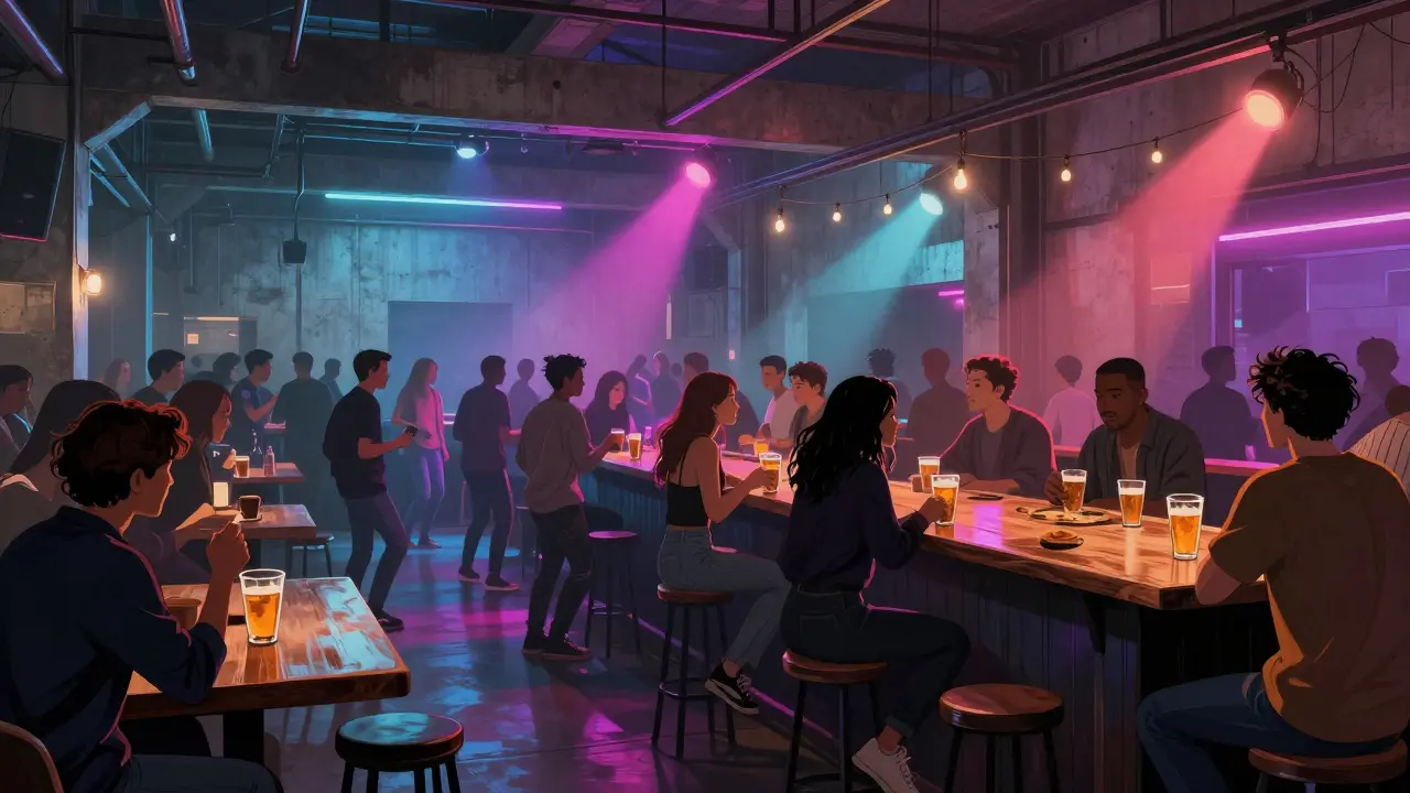 Crowd dancing in a warehouse club with neon lights and bare concrete walls.