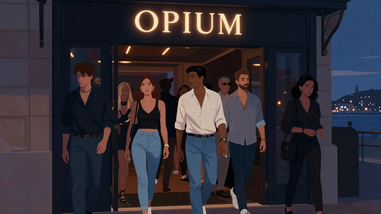 Crowd entering Opium nightclub at midnight, stylish attire, dim strobes, harbor lights in background.