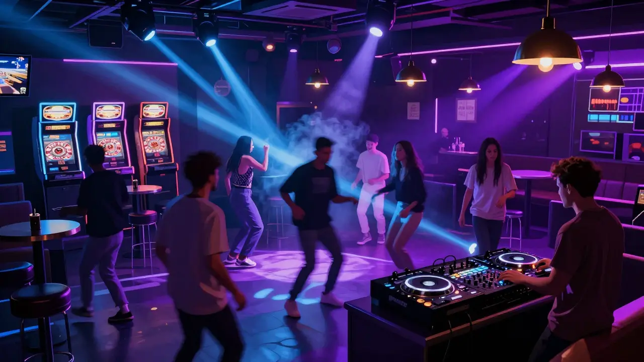 Dancers under neon lights in Club Aspers with casino games in the background.
