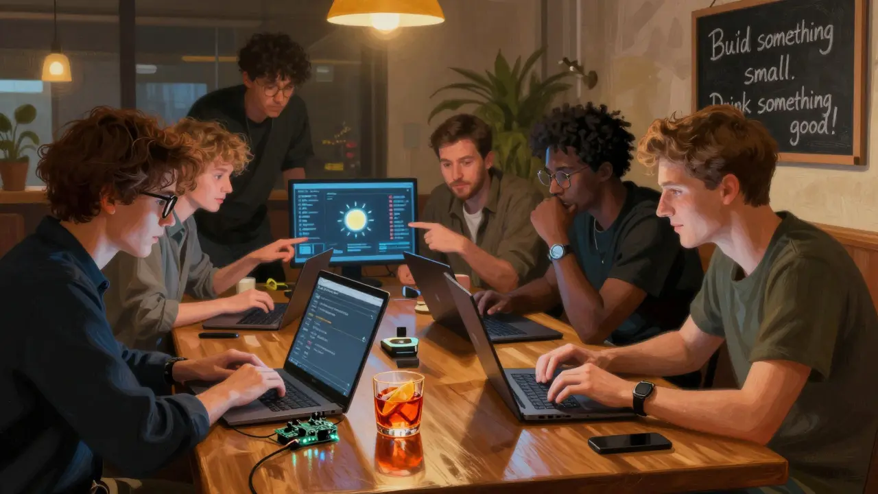 Developers building a weather bot at a cocktail bar with a Raspberry Pi and chalkboard prompt.